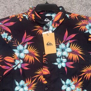 Quiksilver Mens Large Hawaii Floral Button Up Shirt Black Blue Orange NEW